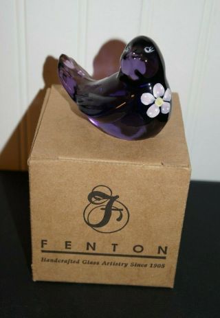 Fenton Art Glass Hand Painted Flowers On Purple Bird Signed (e)