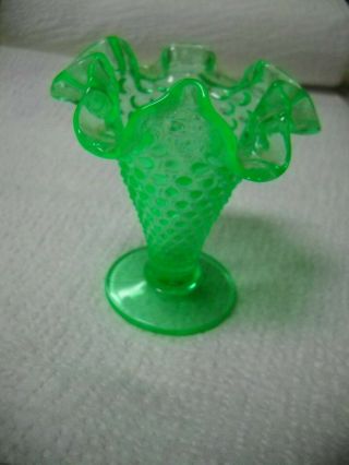 Fenton Small Green Ruffled Hobnail Uranium Pedestal Vase Glows in Black Light 2