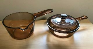 Vintage Amber Visions Corning Ware Two Saucepans Cookware 0.  5 L And 1.  5 L