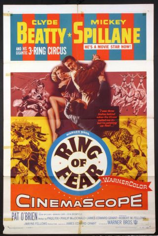 Ring Of Fear Clyde Beatty Mickey Spillane 3 - Ring Circus 1 Sheet 1954
