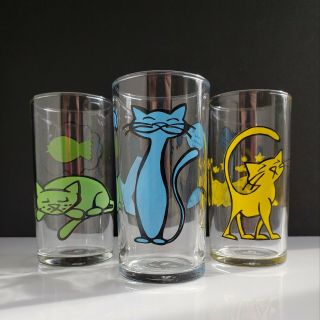 Set Of 3 Libbey Mid - Century Mcm Style Cat Antics Juice Cocktail Glasses 8oz