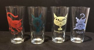 Rare 4 Libbey Vintage Duratuff Bad Sweet Face Belly Singing Cat Glass Set 6 3/4