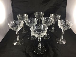 Champagne Glasses Set Of 8 Vintage Cut Crystal Etched Glass Pristine Cond.