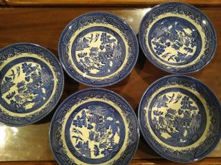 5 Vintage Churchill England Blue Willow Porcelain 8” Round Soup Salad Bowls