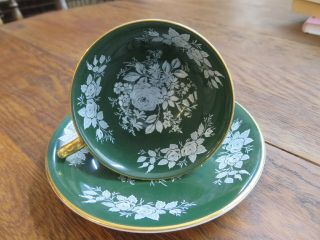 Vintage 1960s Aynsley 2448 Forest Green,  Roses Bone China Cup & Sauce Set