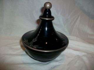 Vintage Antique Black Glass Covered Dish Flower Design Art Deco