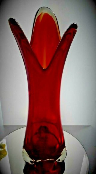 Vintage Murano Clear Cased Red/orange Pulled 3 Finger Rim Glass Vase.