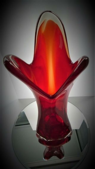 Vintage Murano Clear Cased Red/Orange Pulled 3 Finger Rim Glass Vase. 2
