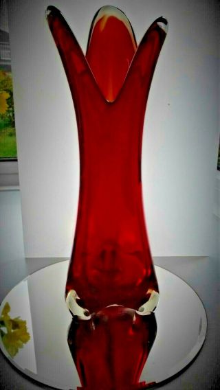 Vintage Murano Clear Cased Red/Orange Pulled 3 Finger Rim Glass Vase. 3