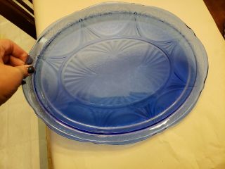 Vintage Cobalt Blue Royal Lace Hazel Atlas Glass Oval Platter 13 Inches