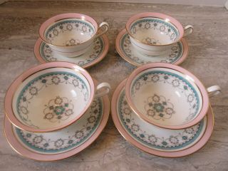 Set Of 4 Old Vintage Royal Cauldon Conway Pink & Turquoise Cups Saucers