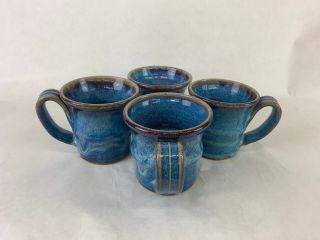 4) Textured Hand Made Stoneware Pottery Coffee Mugs Cup Gloss Blue Glaze Great