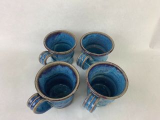 4) Textured Hand Made Stoneware Pottery Coffee Mugs Cup Gloss Blue Glaze Great 2