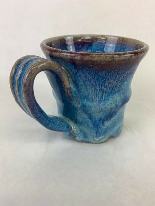 4) Textured Hand Made Stoneware Pottery Coffee Mugs Cup Gloss Blue Glaze Great 3