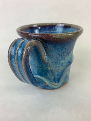 4) Textured Hand Made Stoneware Pottery Coffee Mugs Cup Gloss Blue Glaze Great 5
