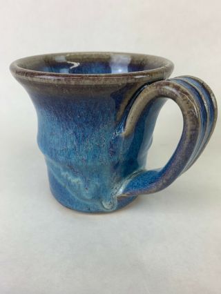 4) Textured Hand Made Stoneware Pottery Coffee Mugs Cup Gloss Blue Glaze Great 6