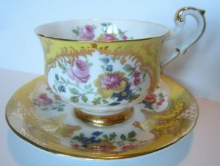 Paragon Fine Bone China Cup & Saucer - Yellow Gold - Pink Yellow Blue Flowers