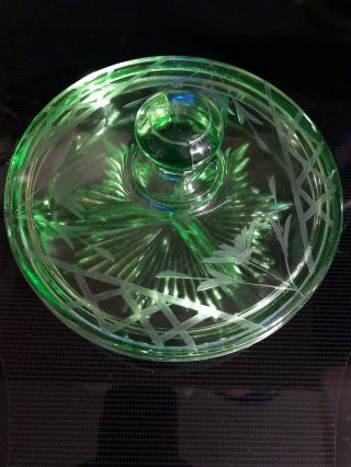 Elegant Green Depression 3 Part Lidded Candy Dish W/wheel Cut Design
