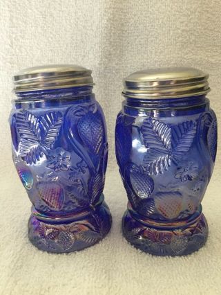 Vintage Carnival Glass Salt & Pepper Shakers Cobalt Blue Strawberry Pattern