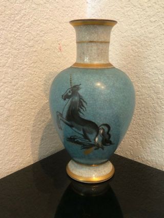 Mcm Vintage Royal Copenhagen Blue Green Gray Crackle Vase Hand Painted Unicorn