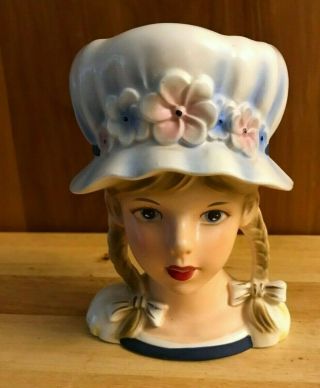 Rare Find Young Girl With A Bonnet & Pigtails Head Vase 5 " K1839 Relpo Japan
