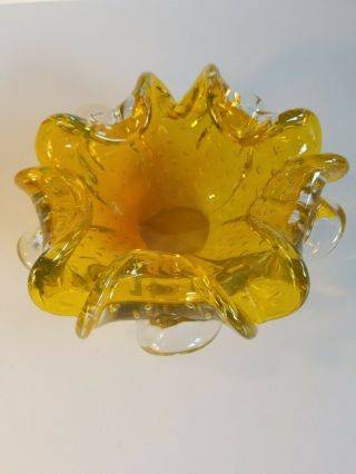 Stunning Mcm Vintage Yellow Murano Art Glass Controlled Bubble Candy Dish