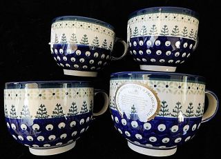 4x Boleslawiec Pine Tree Coffee/tea/soup Mugs Hand Made Poland Christmas T7