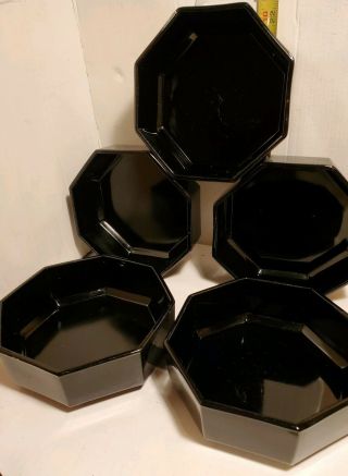 Set Of 5 Black Glass Octime Octagon Arcoroc France Soup Bowls 5 5/8”