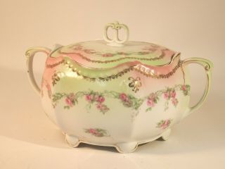 Antique 1884 M Z Austria Porcelain Pink Roses Decorated Biscuit Jar Covered 9 "