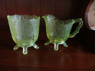 Antique Canary Vaseline Glass Creamer And Sugar Bowl,  Late 1800 