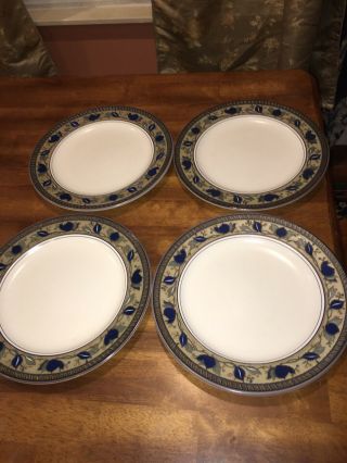 Set Of 4 Mikasa Intaglio Arabella Blue Green Leaves Dinner Plates Ec