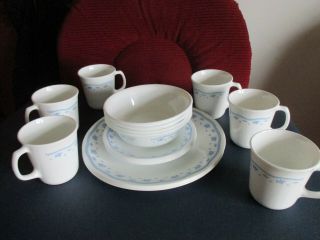 17 Pc Corelle " Morning Blue " Dishes Blue Floral On White Usa