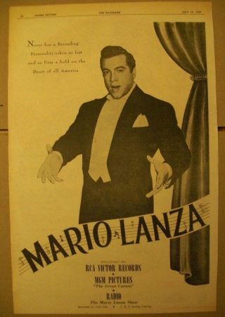 Mario Lanza 1951 Ad - A Firm Hold On The Heart Of America/ Rca Victor Mgm