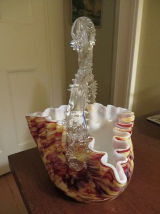 Old Vintage Cased Glass Triangle Shaped Dish Applied Thorn Twisted Handle