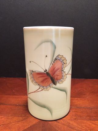 Unique Victorian Custard Glass Painted Butterfly Celery Vase