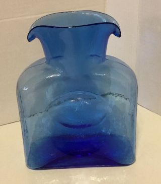 Blenko 2002 Translucent Cobalt Art Glass Vase Double Spout Water Bottle Pitcher