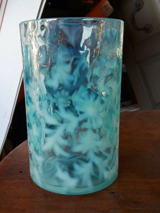5.  25 " Vintage Fenton Or Northwood Opalescent Daisy & Fern Aquamarine Glass Vase