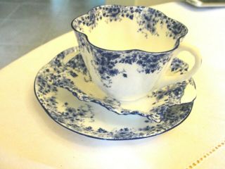 Vintage Shelley Dainty Blue Scalloped Floral Teacup Saucer Cup Nut Dish Trinket