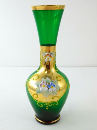 Bohemian Czech Green Glass Vase Enamel Flowers Gold Gilt Bud Size 6.  75 In Tall