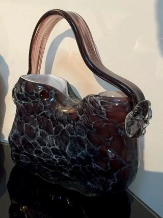 Murano Heavy Hand Blown Art Glass Handbag Sculpture Vase Purple Clear And White