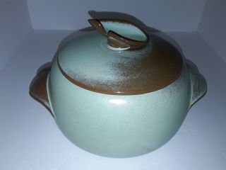 Vintage Frankoma Prairie Green Brown 2 Quart Round Casserole Dish Bean Pot/lid