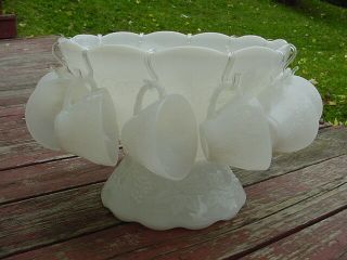 Anchor Hocking 16pc White Milk Glass Punch Bowl Set Grape Leaf Pattern