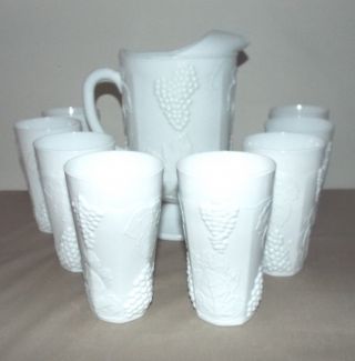 Set Of 9 Vintage White Milk Glass Pedestal Pitchers & Glasses Grape