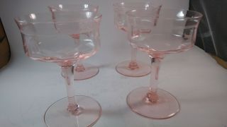 Vintage Pink Depression Glass Etched Champagne Sherbet Stemware Floral Set Of 4