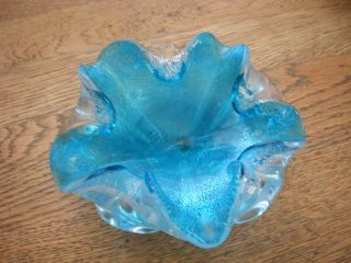 Vtg Mid Century Murano Art Glass Bowl Aqua Blue W Silver Flake