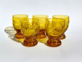 Art Deco Bohemian Cut Amber Vaseline Crystal Shot/vodka/schapps Glasses X5