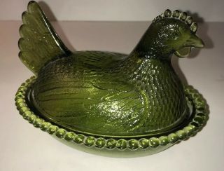 Vintage Indiana Glass Olive Green " Hen On A Nest " Covered Dish 5 " Tall Gc
