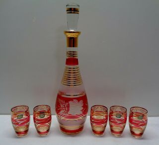Bohemia Crystal Decanter & 5 Glass Set Czechoslovakia Red Cranberry W Gold Bands