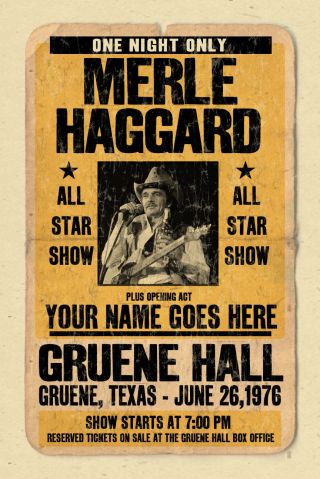 Your Name On A Cool,  Personalized Concert Poster With Merle Haggard