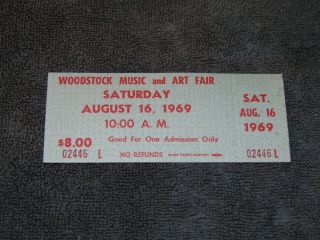 Saturday August 16,  1969 Woodstock Music & Art Fair Ticket